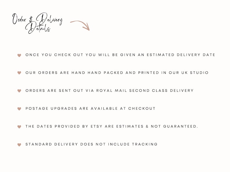May include: A cream-colored graphic with the text "Order & Delivery Details" in elegant script. Bullet points detail order processing, including hand-packing in the UK studio, Royal Mail delivery, and estimated delivery dates. The text also mentions postage upgrades.