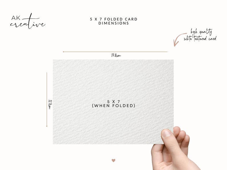 May include: A white, textured 5 x 7 inch folded card is held by a hand. The dimensions are displayed, with the card measuring 7 inches wide and 5 inches high when folded. Text on the card reads "5 X 7 (WHEN FOLDED)".