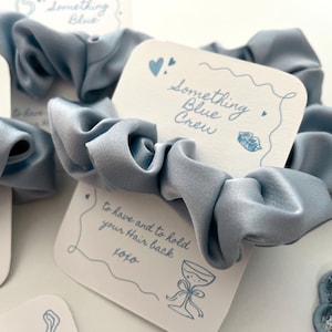Puede incluir: Coletero de sat&eacute;n azul claro con tarjetas. Las tarjetas dicen "Something Blue Crew" y "to have and to hold your Hair back xoxo", con ilustraciones de coraz&oacute;n, labios y copa de champ&aacute;n.
