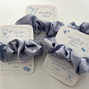 Puede incluir: Coleteros de sat&eacute;n azul claro con tarjetas blancas. Las tarjetas tienen ilustraciones azules y texto, incluyendo "Bride to Be" y "Something Blue Crew". Las tarjetas tambi&eacute;n dicen "to have and to hold your hair back".