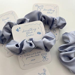 Puede incluir: Varios coleteros de sat&eacute;n azul claro se muestran con peque&ntilde;as tarjetas blancas. Las tarjetas tienen ilustraciones azules y el texto "Bride to be", "Something Blue Crew" y "to have and to hold your hair back xoxo".