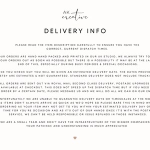 May include: A cream-colored document with the text "AK creative" at the top, followed by "DELIVERY INFO." The text describes order processing, shipping, and delivery estimates. It also mentions that the shop is a small team.
