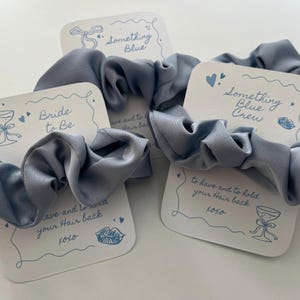 Puede incluir: Tres coleteros azul claro con tarjetas blancas. Las tarjetas tienen las frases "Bride to Be" y "Something Blue Crew" en escritura azul. Cada tarjeta tiene un dibujo de una copa de champ&aacute;n y el texto "to have and to hold your hair back xoxo."