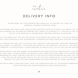 Puede incluir: Documento color crema con el texto "DELIVERY INFO" y texto adicional que describe el procesamiento de pedidos, los tiempos de env&iacute;o y las estimaciones de entrega. El documento tambi&eacute;n incluye el logotipo de la empresa.