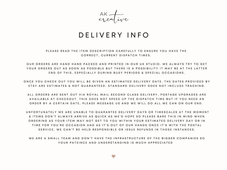Puede incluir: Documento color crema con el texto "DELIVERY INFO" y texto adicional que describe el procesamiento de pedidos, los tiempos de env&iacute;o y las estimaciones de entrega. El documento tambi&eacute;n incluye el logotipo de la empresa.