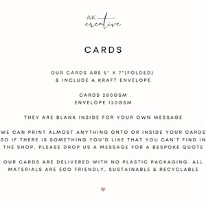 May include: Cream-colored card with black text. The text reads "CARDS" and details about the cards, including size (5" x 7" folded), envelope type, and paper weight. The cards are blank inside and eco-friendly.