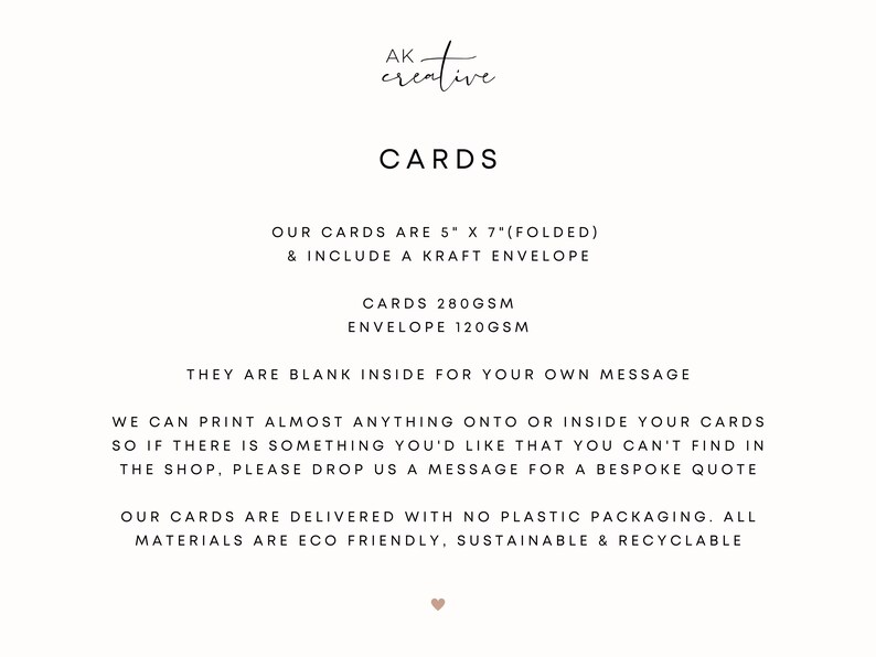 May include: Cream-colored card with black text. The text reads "CARDS" and details about the cards, including size (5" x 7" folded), envelope type, and paper weight. The cards are blank inside and eco-friendly.