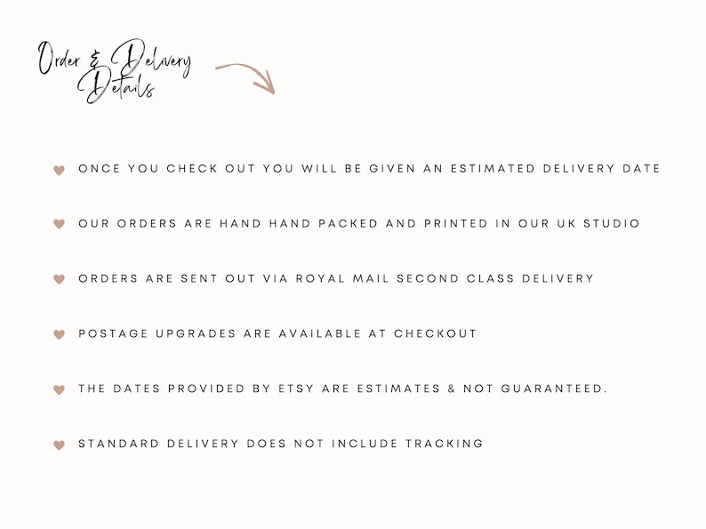 Puede incluir: Gr&aacute;fico color crema con el texto "Order & Delivery Details" y vi&ntilde;etas que detallan el procesamiento del pedido, el env&iacute;o y las estimaciones de entrega. El texto est&aacute; en una fuente manuscrita.
