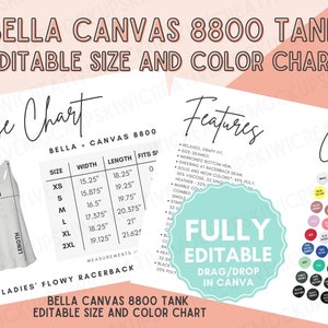Paquete EDITABLE Bella Canvas 8800 Color & Size Chart, Tanque Racerback fluido para mujer, Personalizar en Canva, Descarga digital, Todos los colores