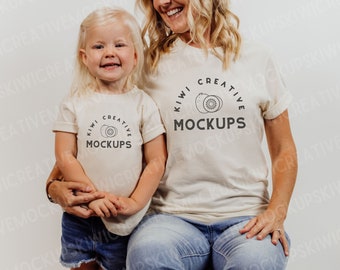 Mother and Child Shirt Mockup, Mommy & Me Mock, Bella Canvas 3001 Natural T-Shirt, Mom Daughter 3001T Natural Shirts, Family Mockups