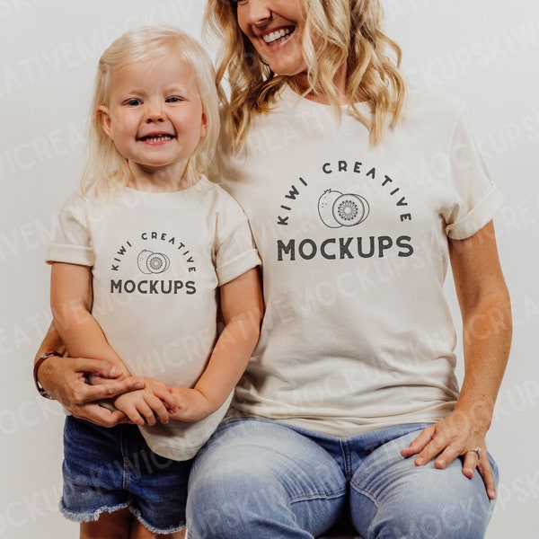 Mother and Child Shirt Mockup, Mommy & Me Mock, Bella Canvas 3001 Natural T-Shirt, Mom Daughter 3001T Natural Shirts, Family Mockups