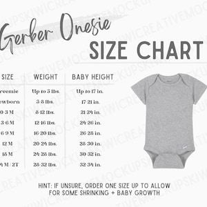 Gerber Onesie Tabella taglie Unisex, Tabella taglie body bambino, Carta taglie Mockup, Baby Short-Sleeve Misure, Tabella taglie per pezzo unico