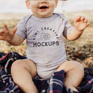 Bella Canvas Mockup 100B, Grey Onesie, Baby Bodysuit Mock-Up Model, Toddler Shirt, Blank T-Shirt Cute Infant Boho Baby Model Outside, Spring