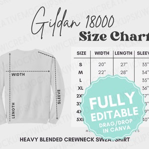 EDITIERBARE Gildan 18000 Größentabelle, Canva bearbeitbar, anpassbare Anleitung, Sweatshirt-Größenmessungen, herunterladbare Größentabelle Größentabelle