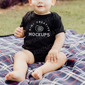 Rabbit Skins 4400 Black Mockup, Baby Model Bodysuit, Lifestyle Infant, Child Model, Onesie Mockup Model, One-Piece Short-Sleeve Shirt