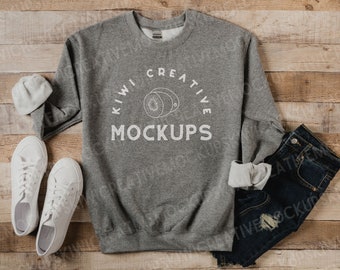 Women's Graphite Heather Sweatshirt Mockup, Gildan 18000 Mockup, Styled Flat Lay, Simple Boho Mock-Up Cute Mocks Blank Stock Photo Dark Grey