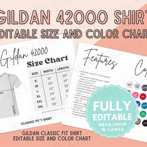 EDITABLE Gildan 42000 T-Shirt Size and Color Chart, Customize Canva Digital Download All Colors, Size Mockup Template, All Colors, Printify