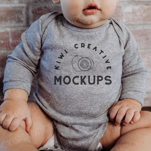 Rabbit Skins 4411 Heather Grey Mockup, Baby Model Bodysuit, 4411 Lifestyle Infant, Child Model, Onesie Mockup Model, One-Piece Long-Sleeve