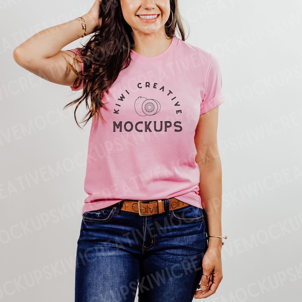 Bella Canvas 3001 Heather Bubble Gum Pink Mockup, Boho T-shirt Mockup, Women's Modeled Shirt Mocks, Cute Shirt Mockups, Model Mock-Up