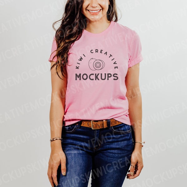 Bella Canvas 3001 Heather Bubble Gum Pink Mockup, Boho T-shirt Mockup, Women's Modeled Shirt Mocks, Cute Shirt Mockups, Model Mock-Up