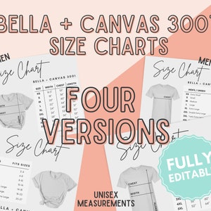 Pacchetto di tabelle delle taglie EDITABLE Bella Canvas 3001, personalizzabile in Canva, misure della guida delle magliette, tabella delle taglie scaricabile, mock guida delle taglie