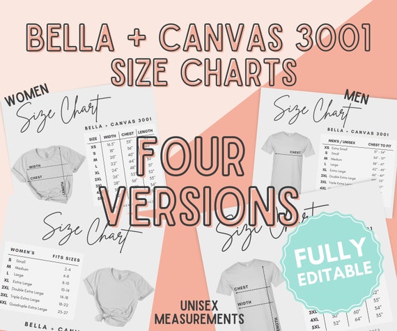 Bella Canvas 3001 Size Chart Bundle: Editable T-Shirt Guide (Digital Download)