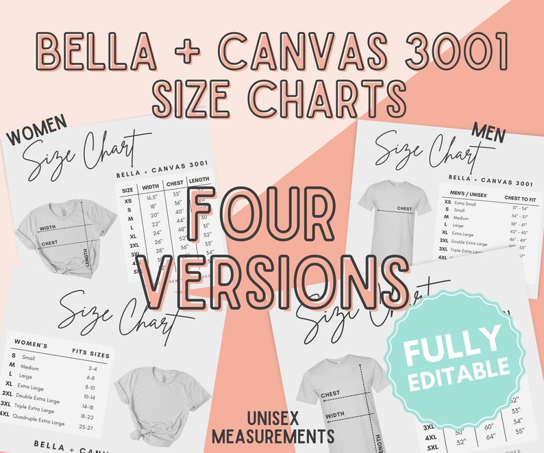May include: Four size charts for Bella + Canvas 3001 t-shirts. The charts show measurements for women's, men's, unisex, and a separate chart for women's sizes with corresponding fit sizes. The charts include measurements for chest, width, and length in inches.