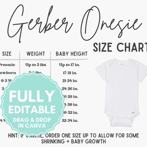 BEWERKBARE Gerber Onesie maattabel, schattige baby maatgids, baby body maten, aanpasbare maat mockup, baby korte mouwen metingen