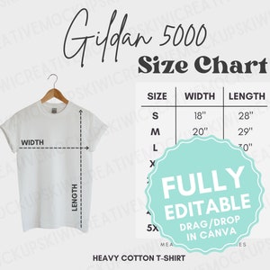 Gildan 5000 Size Chart: Editable T-Shirt Guide (Canva, Digital Download)