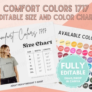EDITABLE Comfort Colors 1717 T-Shirt Size and Color Chart, Customize in Canva, Digital Download, All Colors, Mockup Shirt Size Template