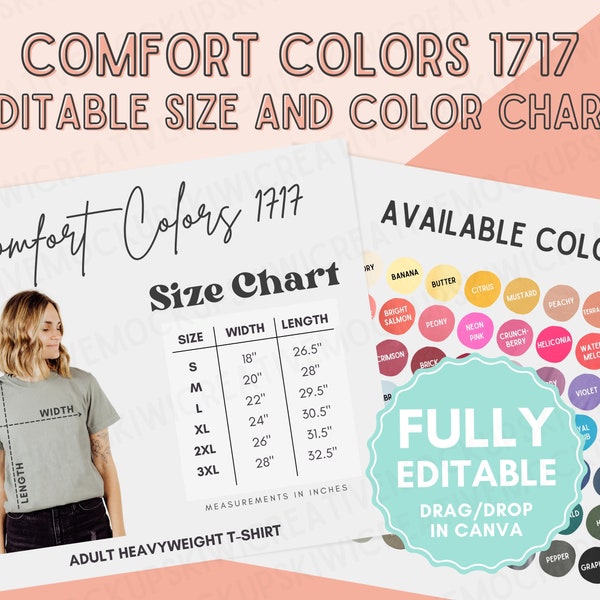 EDITABLE Comfort Colors 1717 T-Shirt Size and Color Chart, Customize in Canva, Digital Download, All Colors, Mockup Shirt Size Template