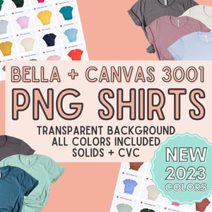 3001 Bella Canvas PNG Camisetas CVC & Solids, Fondo transparente, Plantilla de maqueta de carta de colores, Todos los 2023 colores editables, Personalizar Canva