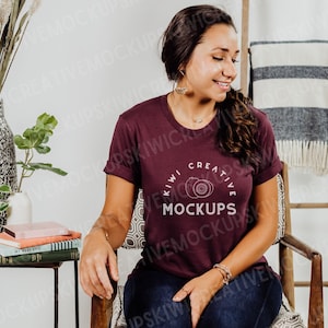 Bella Canvas 3001 Maroon Mockup, Boho T-shirt Mockup, Women&#39;s Modeled Shirt Mockup, Cute Shirt Mockups, Mock-Up Shirt, Model Mockup