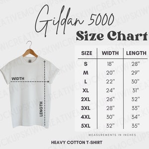 Gildan 5000 Size Chart, Gildan Shirt Size Guide, T-Shirt Size Measurements, Gildan Heavy Cotton, Downloadable Size Chart, Size Guide Mocks