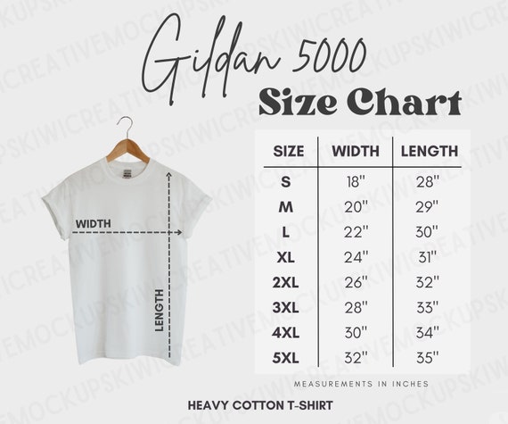 Gildan 5000 Size Chart, Gildan Shirt Size Guide, T-shirt