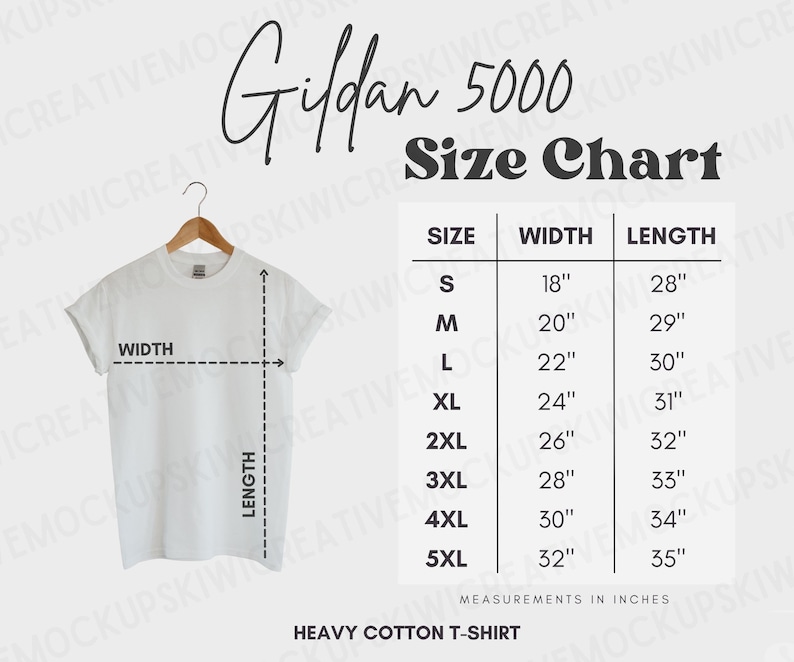 May include: A size chart for Gildan 5000 heavy cotton t-shirts. The chart shows the width and length measurements in inches for sizes S through 5XL.