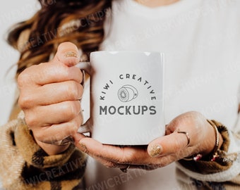 White Mug Mockup: Woman Holding Coffee Mug (Photoshop Smart Object)