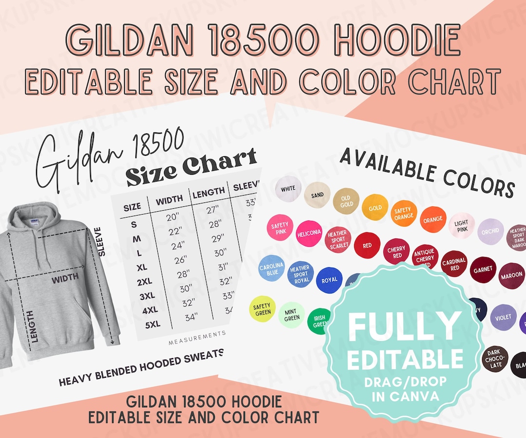 EDITABLE Gildan 18500 Hooded Sweatshirt Color Chart, Customize Canva ...