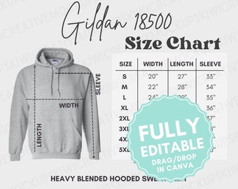 Editable Gildan 18500 Size Chart, Canva Editable,Customizable Guide, Sweatshirt Size Measurements, Downloadable Size Chart, Size Guide Mocks