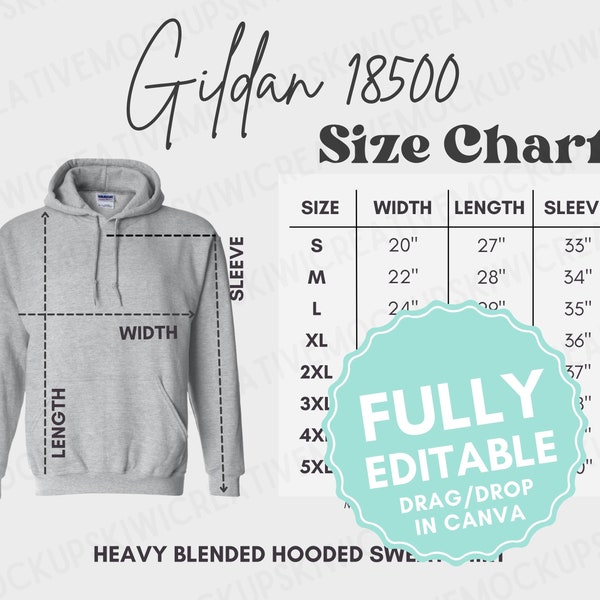 Editable Gildan 18500 Size Chart, Canva Editable,Customizable Guide, Sweatshirt Size Measurements, Downloadable Size Chart, Size Guide Mocks