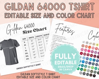 EDITABLE Gildan 64000 T-Shirt Color & Size Chart Bundle Customize in Canva Digital Download Colors 64000 Size Mockup Template G640 Softstyle