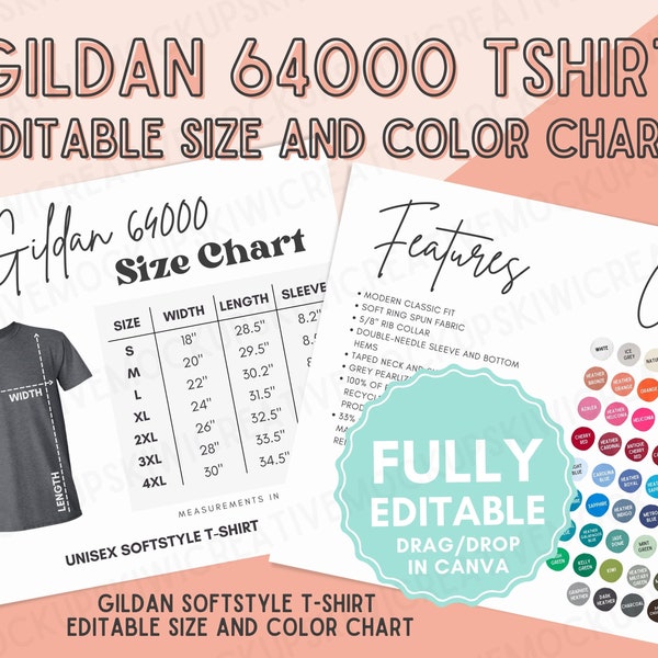 EDITIERBARE Gildan 64000 T-Shirt Farbe & Größentabelle Bundle Anpassen in Canva Digital Download Farben 64000 Größe Mockup Vorlage G640 Softstyle