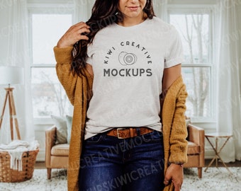 Bella Canvas 3001 Ash T-shirt Mockup: Women's Boho Modeled Shirt (Digital Download)