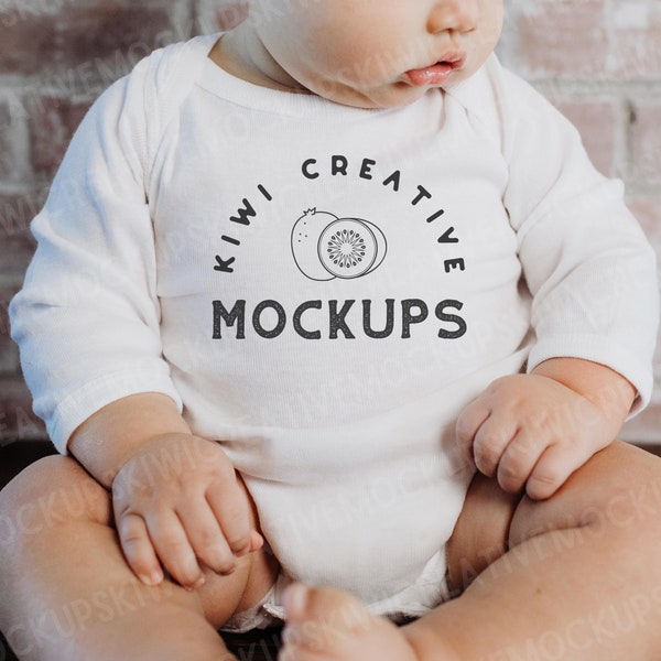 Rabbit Skins 4411 Mockup, Baby Model Bodysuit, White 4411 Lifestyle Infant, Child Model Mockup, Onesie Mockup Model, One-Piece Long-Sleeve