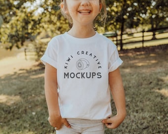 Kids White T-Shirt Mockup, Boho Model, Childs Shirt Mock Up, Toddler Graphic Blank Sublimation Tee, Outdoor Mockup, Bella Canvas 3001T Model