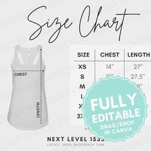 May include: A white racerback tank top with a size chart. The chart shows chest measurements from 14 inches to 18 inches and lengths from 27 inches to 29 inches. The text "Size Chart" is at the top.