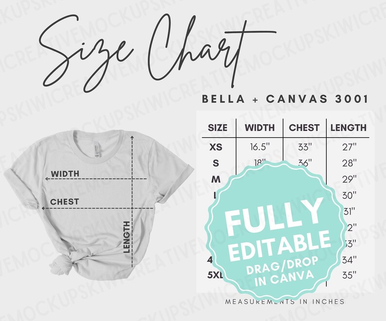 May include: A size chart for Bella + Canvas 3001 t-shirts, showing measurements in inches for width, chest, and length for sizes XS to 5XL. The chart is labeled "Fully Editable Drag/Drop in Canva".