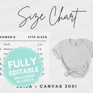 May include: A size chart for women's t-shirts with a white t-shirt mockup. The chart shows sizes S through 4XL with corresponding US women's sizes. The chart also includes the text "FULLY EDITABLE DRAG/DROP IN CANVA" and "CANVAS 3001".