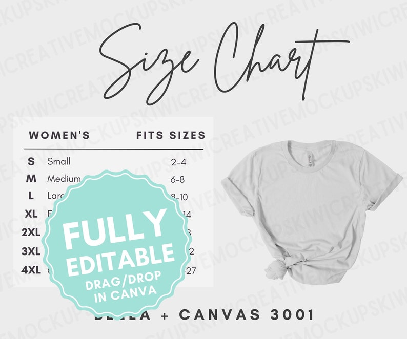 May include: A size chart for women's t-shirts with a white t-shirt mockup. The chart shows sizes S through 4XL with corresponding US women's sizes. The chart also includes the text "FULLY EDITABLE DRAG/DROP IN CANVA" and "CANVAS 3001".