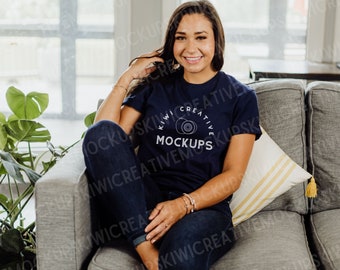 Navy Blue T-Shirt Mockup: Gildan 64000 Women's Modeled Mock (Instant Download)